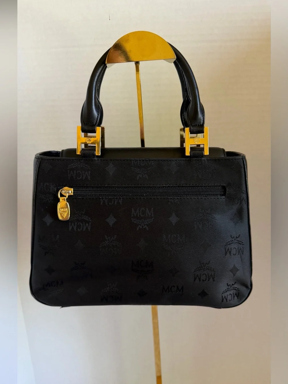 MCM Black canvas Logo Plaque Top-Handle Bag